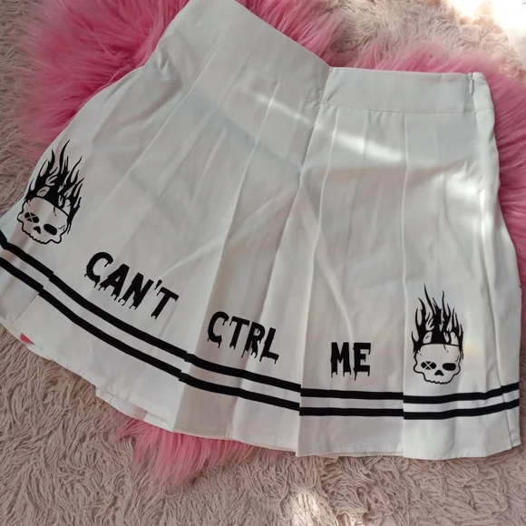 Pleated "Can't control me" cyber goth skirt w flaming skulls! SOLD@hosted store - Picture 3 of 6
